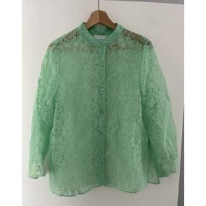 Alfred Dunner Top Women’s Size 8 Green Sheer Lightweight 3/4 Sleeve Button Up